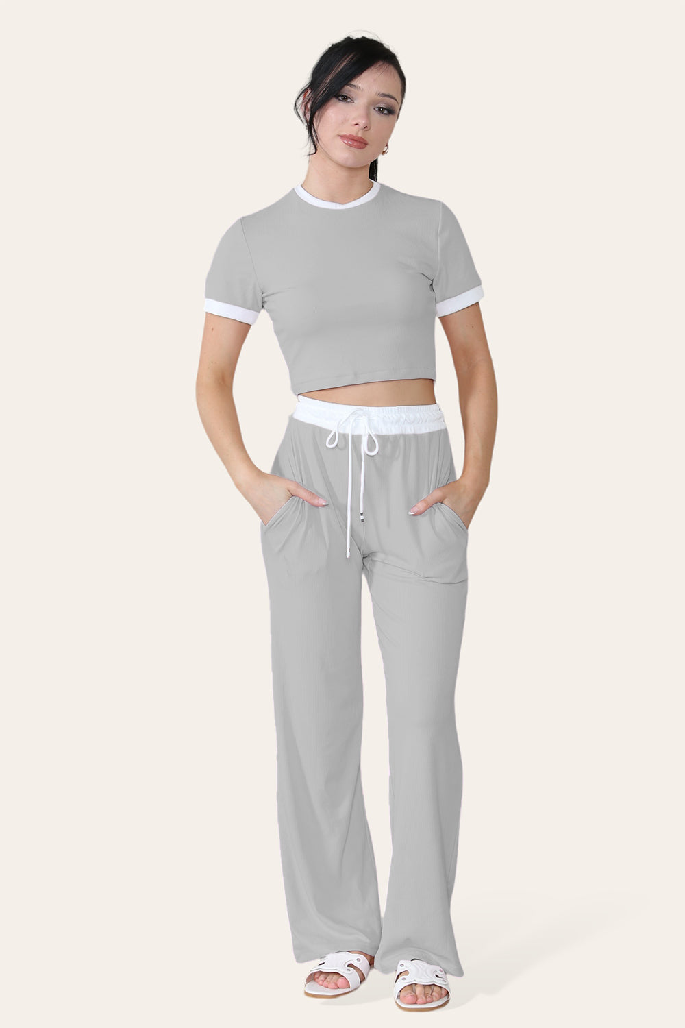 Ribbed Contrast Wide Leg Flared Trousers And Top Loungewear TRS Cropped Set - 9th Degree