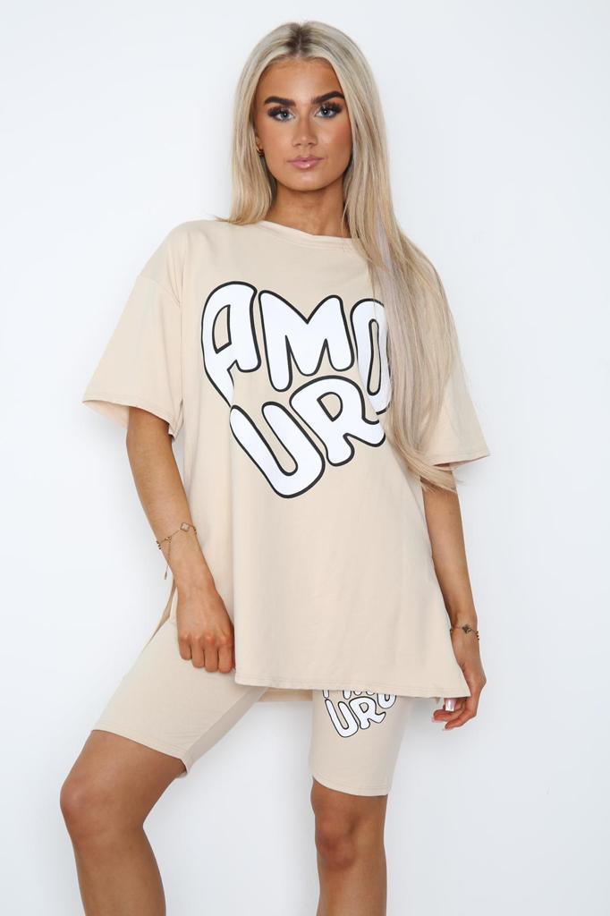 Amour Side Slit Cycling Short and T-Shirts Co-Ord Two Piece Set with Front Amour Slogan - 9th Degree