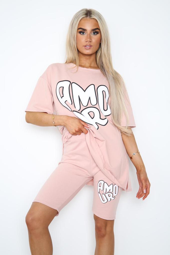 Amour Side Slit Cycling Short and T-Shirts Co-Ord Two Piece Set with Front Amour Slogan - 9th Degree