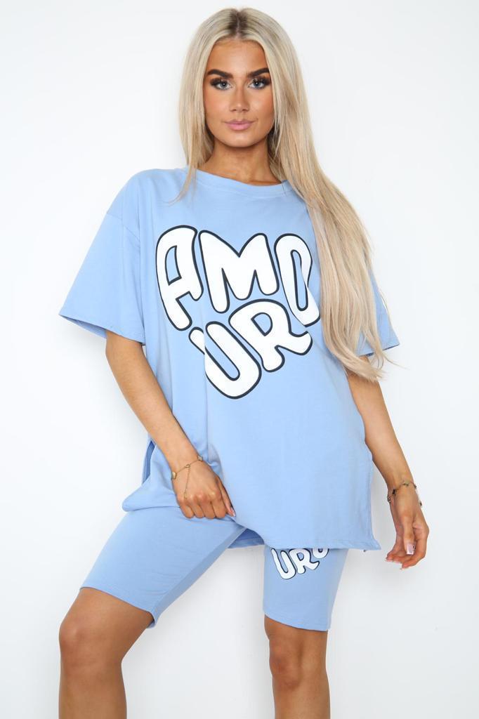 Amour Side Slit Cycling Short and T-Shirts Co-Ord Two Piece Set with Front Amour Slogan - 9th Degree