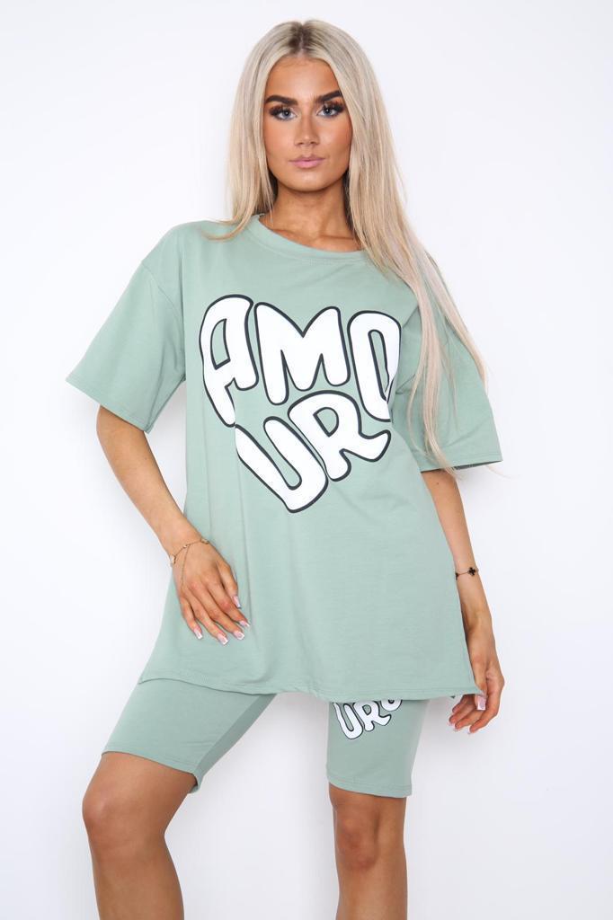 Amour Side Slit Cycling Short and T-Shirts Co-Ord Two Piece Set with Front Amour Slogan - 9th Degree