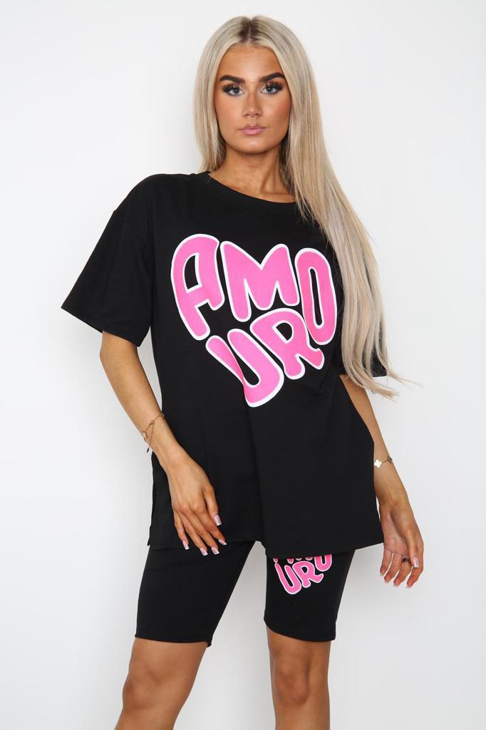 Amour Side Slit Cycling Short and T-Shirts Co-Ord Two Piece Set with Front Amour Slogan - 9th Degree
