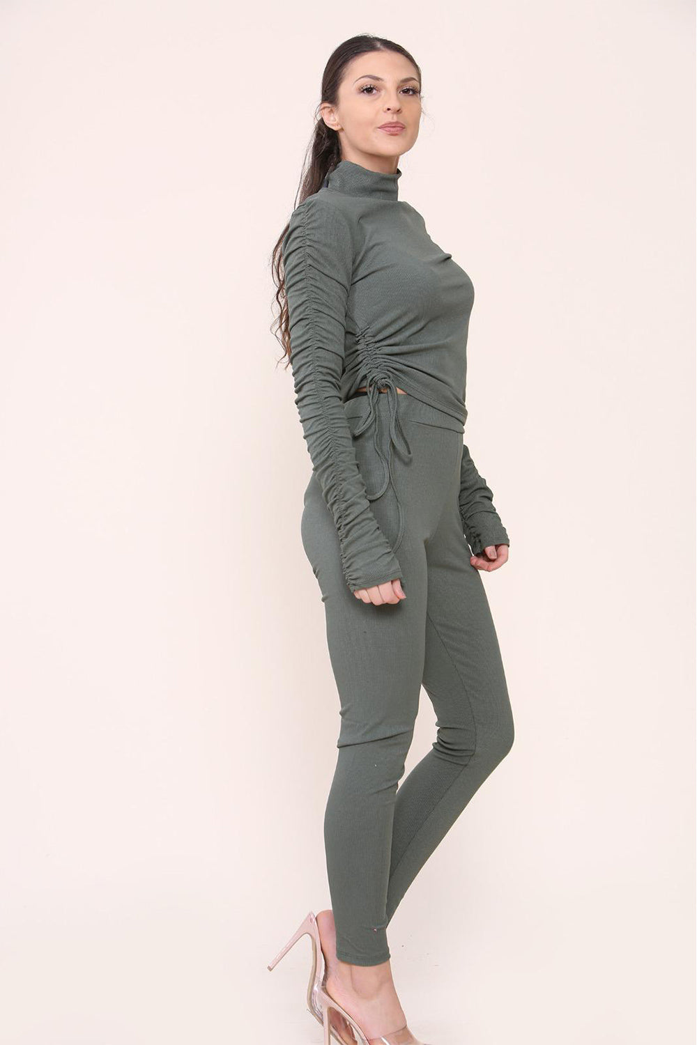 High Neck Ruched Side Arm Solid Drawstrings Ribbed Tee and Leggings set - 9th Degree