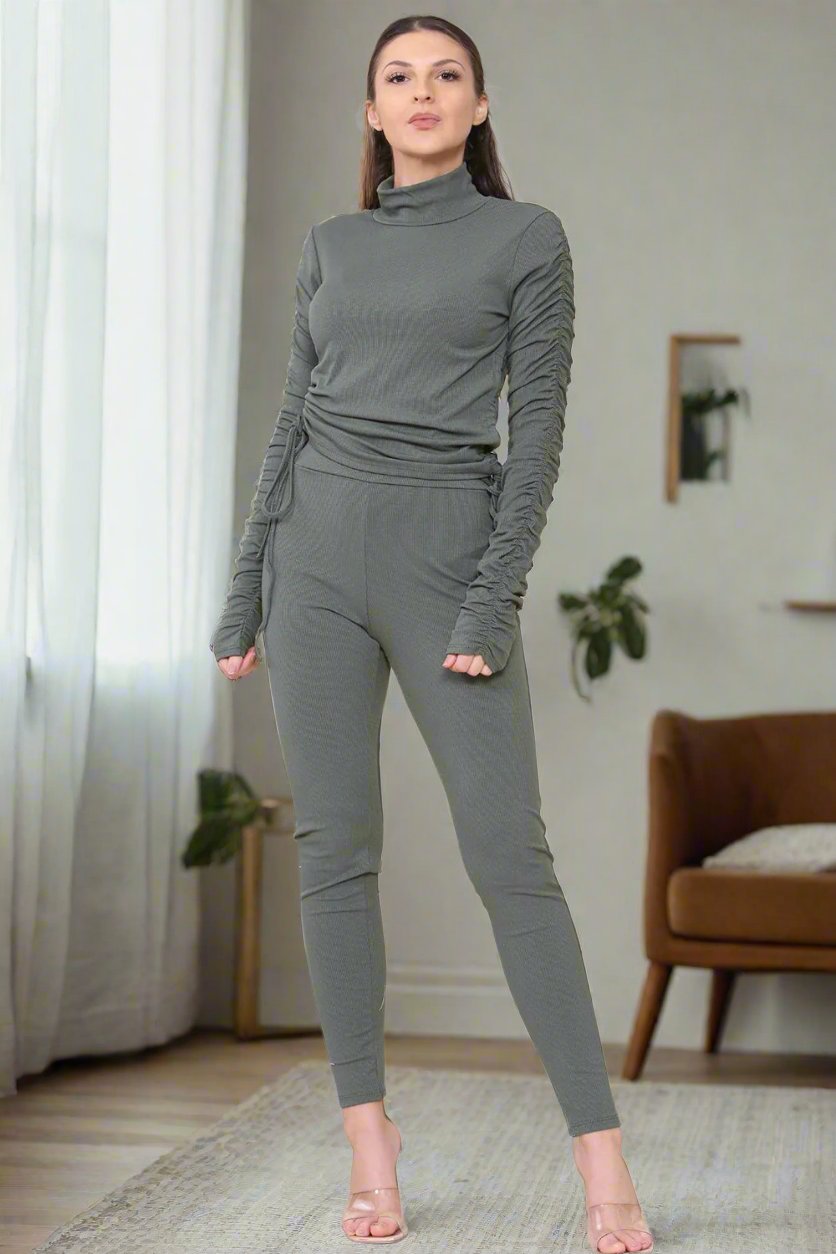 High Neck Ruched Side Arm Solid Drawstrings Ribbed Tee and Leggings set - 9th Degree