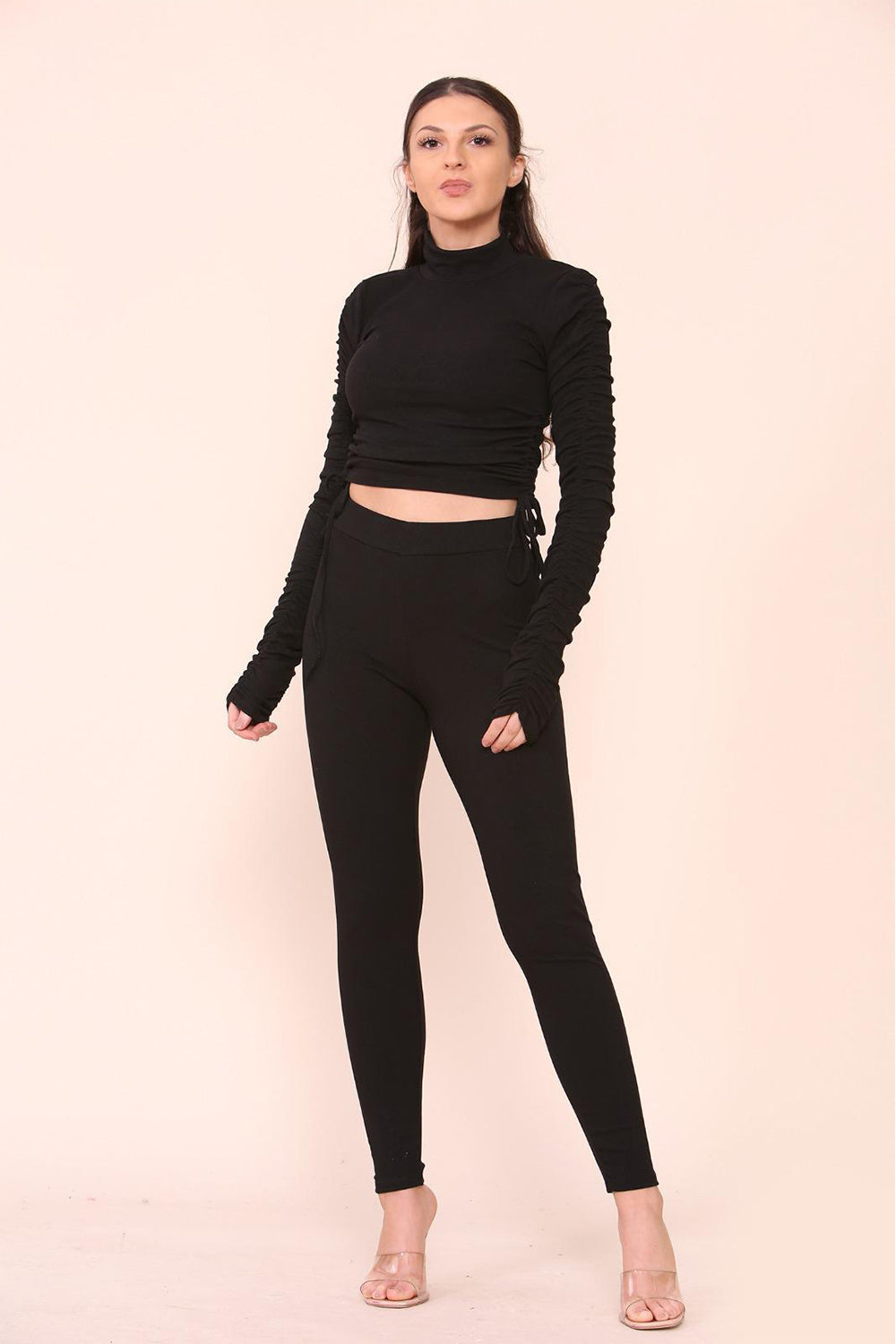 High Neck Ruched Side Arm Solid Drawstrings Ribbed Tee and Leggings set - 9th Degree
