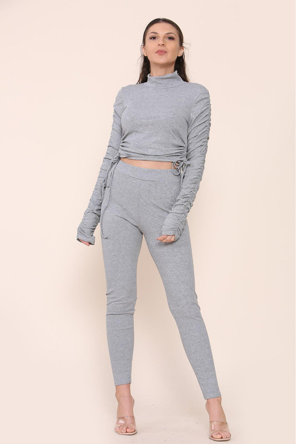High Neck Ruched Side Arm Solid Drawstrings Ribbed Tee and Leggings set - 9th Degree