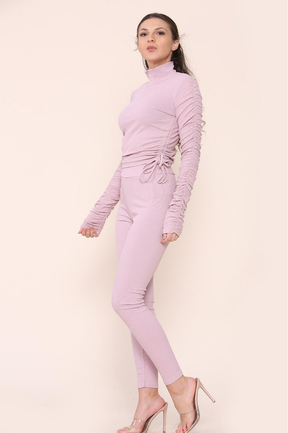 High Neck Ruched Side Arm Solid Drawstrings Ribbed Tee and Leggings set - 9th Degree