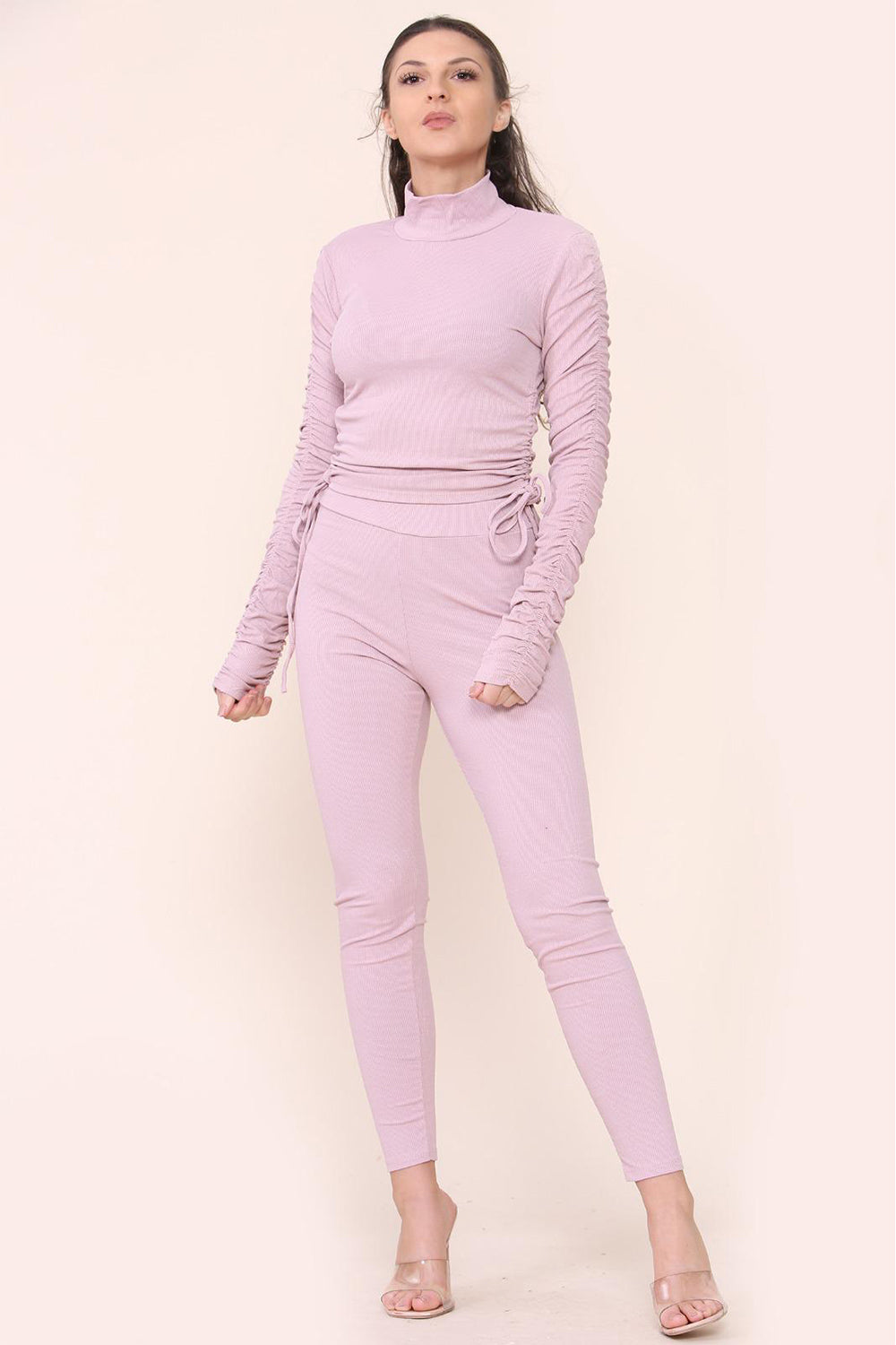 High Neck Ruched Side Arm Solid Drawstrings Ribbed Tee and Leggings set - 9th Degree