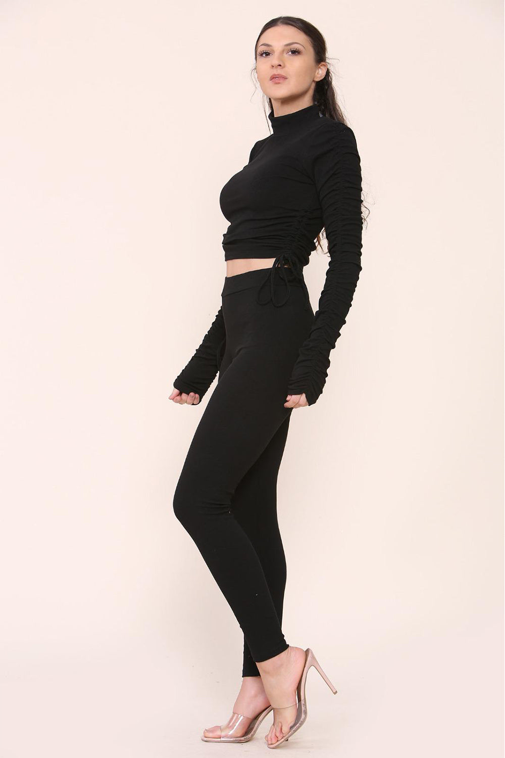 High Neck Ruched Side Arm Solid Drawstrings Ribbed Tee and Leggings set - 9th Degree