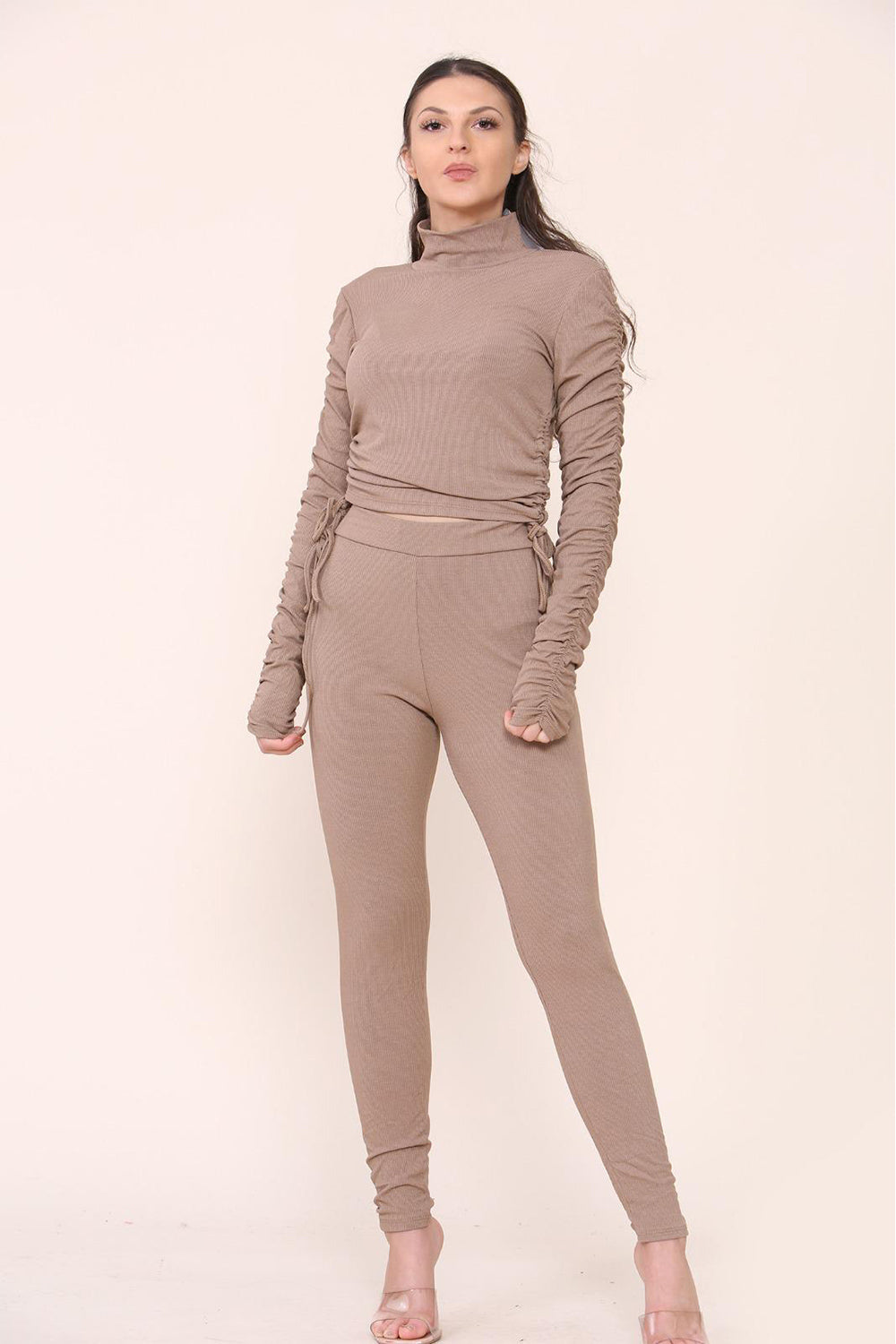 High Neck Ruched Side Arm Solid Drawstrings Ribbed Tee and Leggings set - 9th Degree