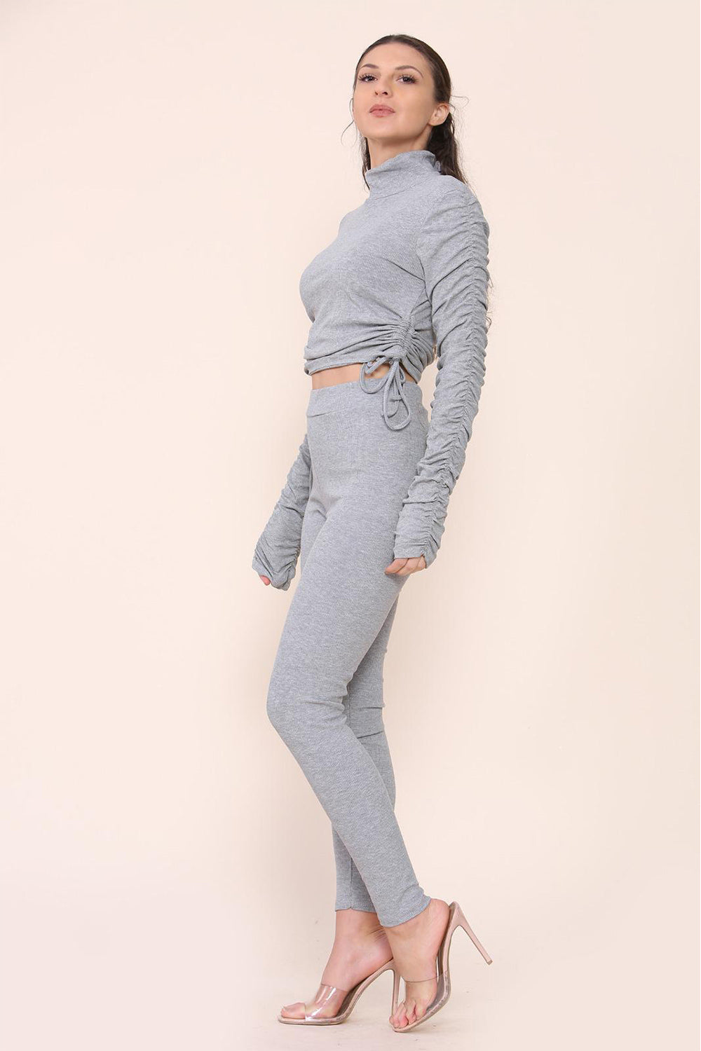High Neck Ruched Side Arm Solid Drawstrings Ribbed Tee and Leggings set - 9th Degree