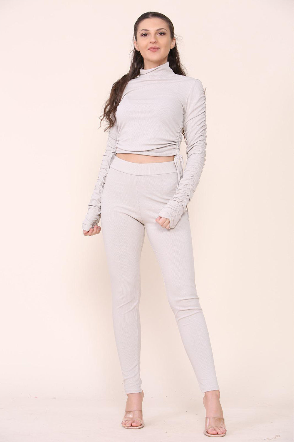 High Neck Ruched Side Arm Solid Drawstrings Ribbed Tee and Leggings set - 9th Degree