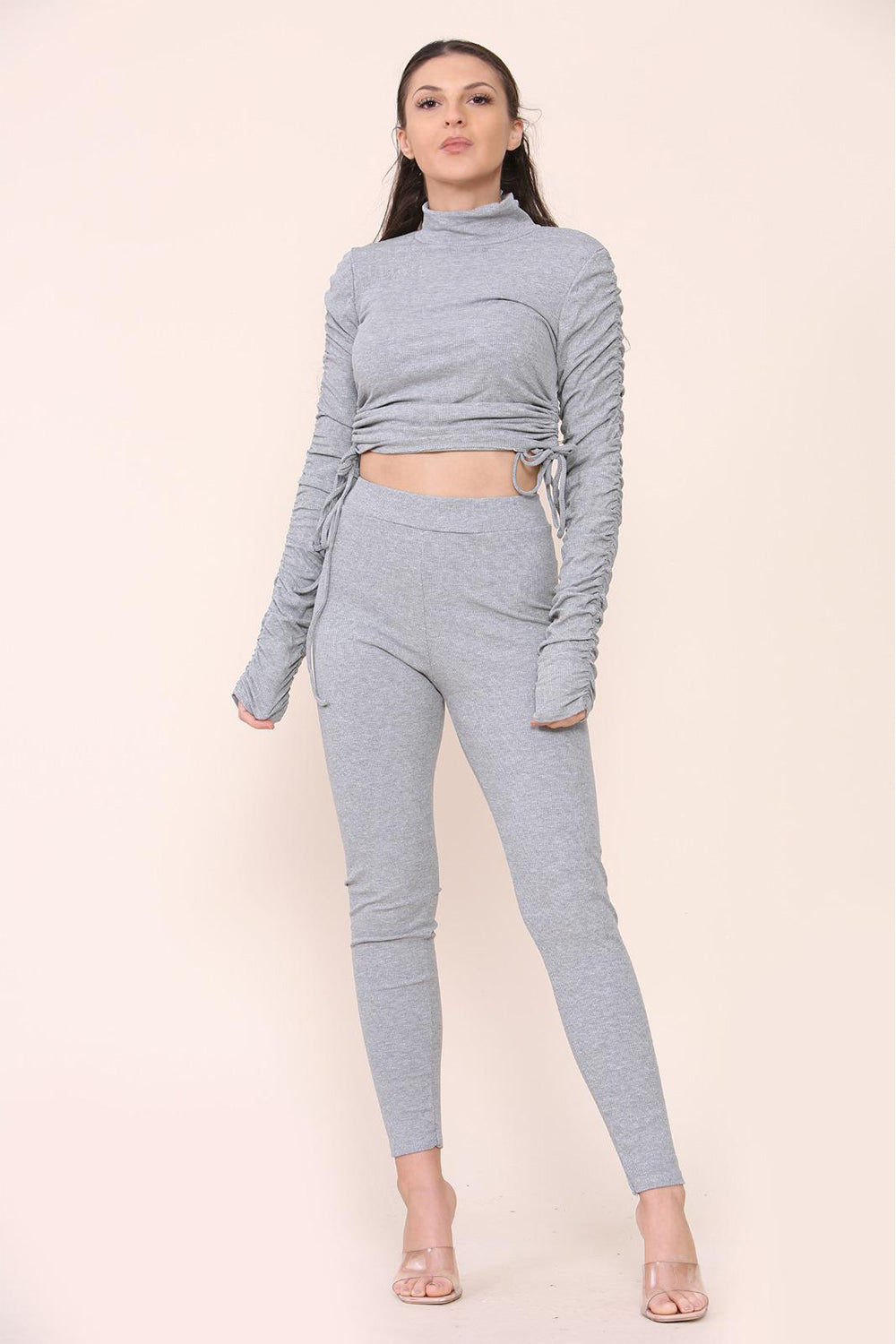 High Neck Ruched Side Arm Solid Drawstrings Ribbed Tee and Leggings set - 9th Degree