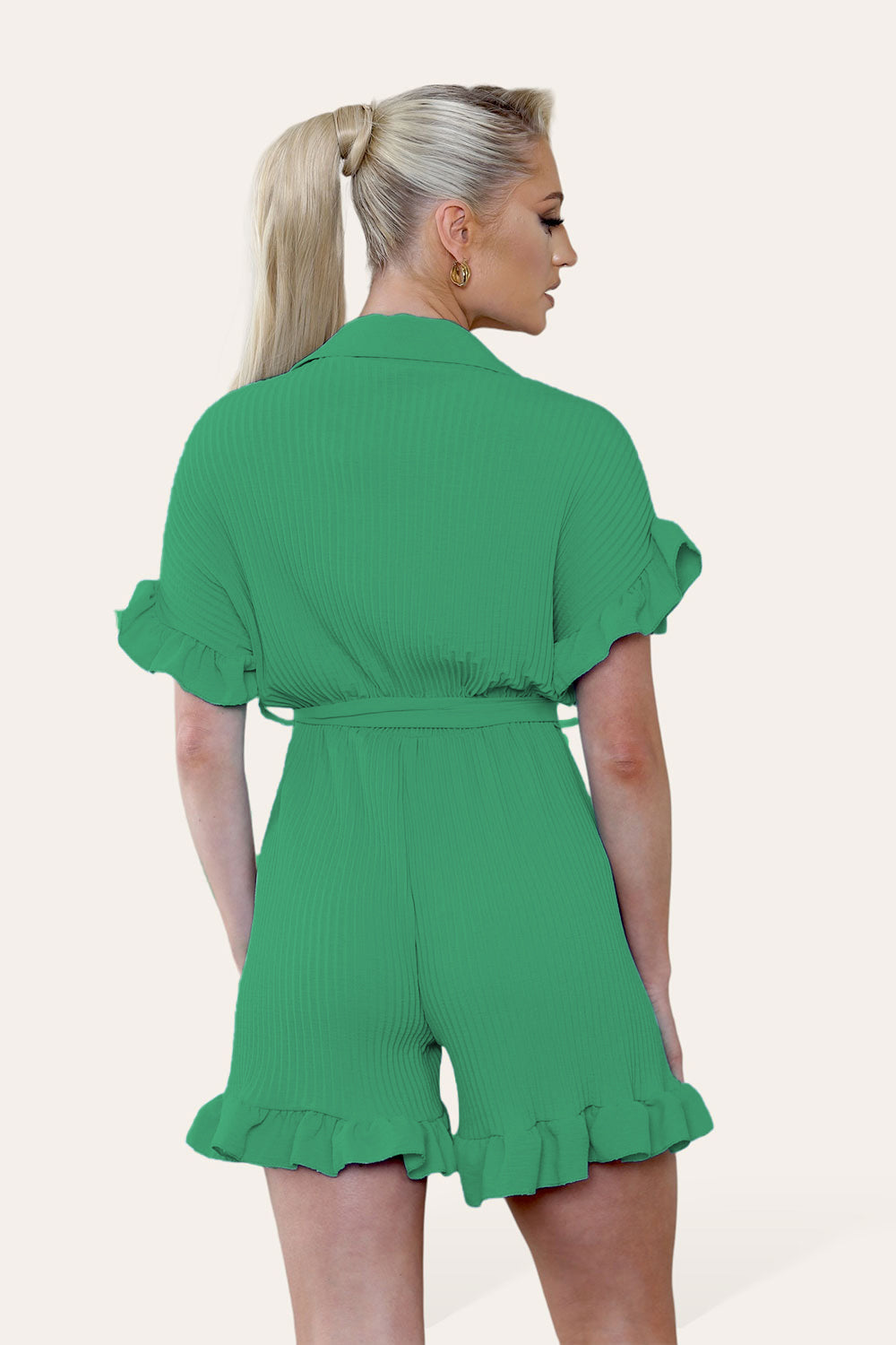 Pleated Ruffle Shirt Short Playsuit With Frill Hems - 9th Degree