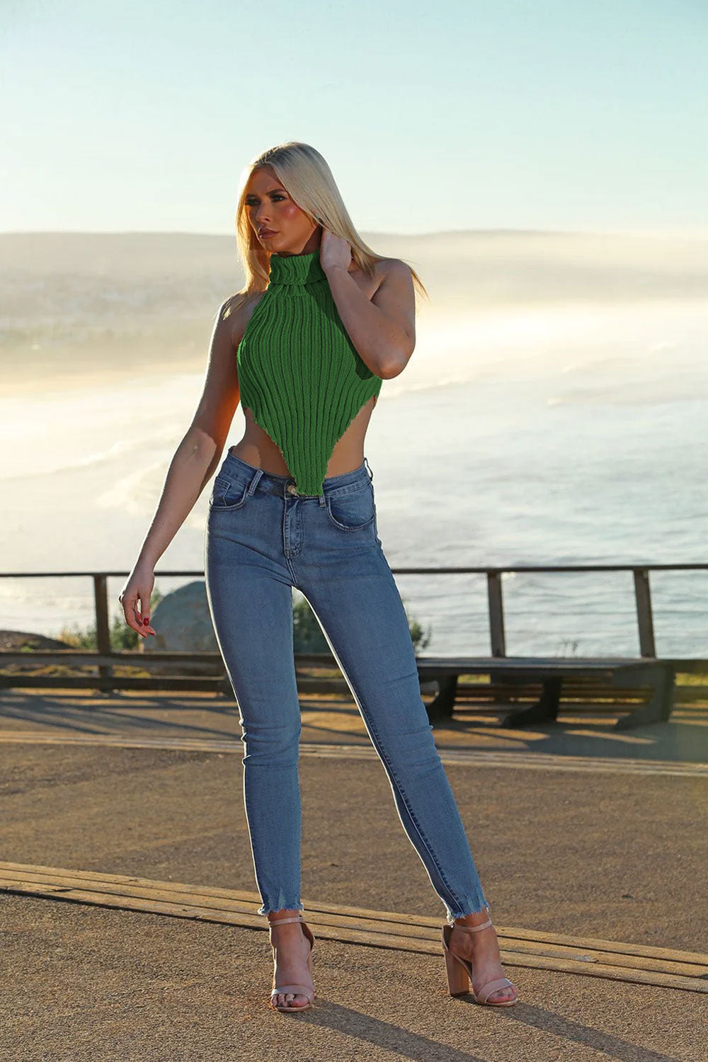 High Neck Roll Knitted Backless Front Cropped Top - 9th Degree
