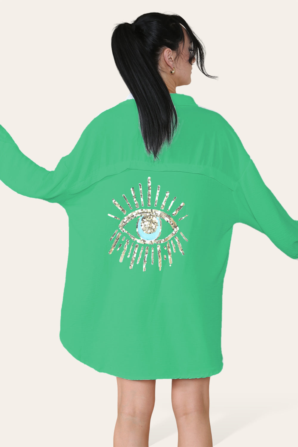 Oversized Long Sleeve Gold Sequin Eye Button Up Shirt - 9th Degree