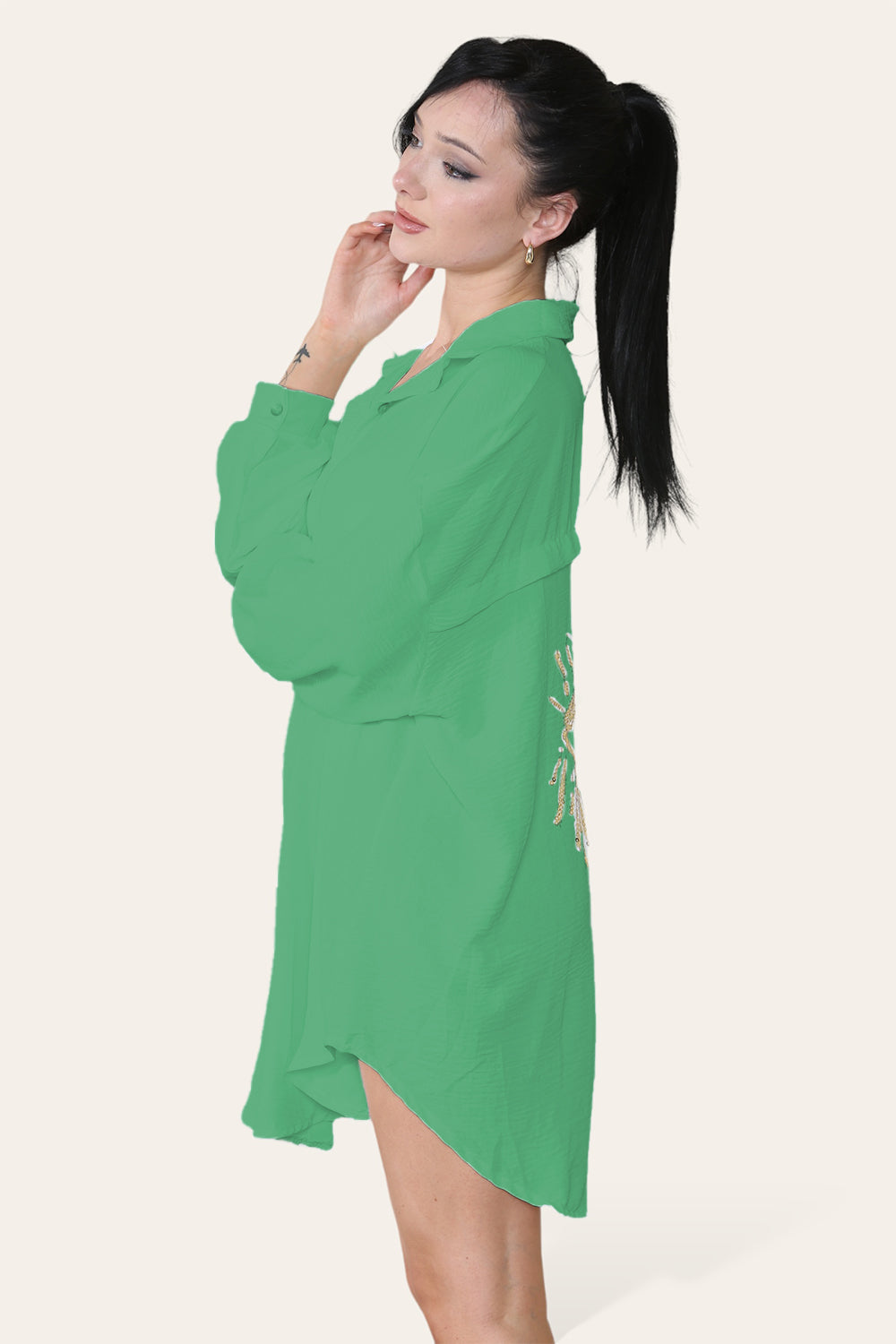 Oversized Long Sleeve Gold Sequin Eye Button Up Shirt - 9th Degree
