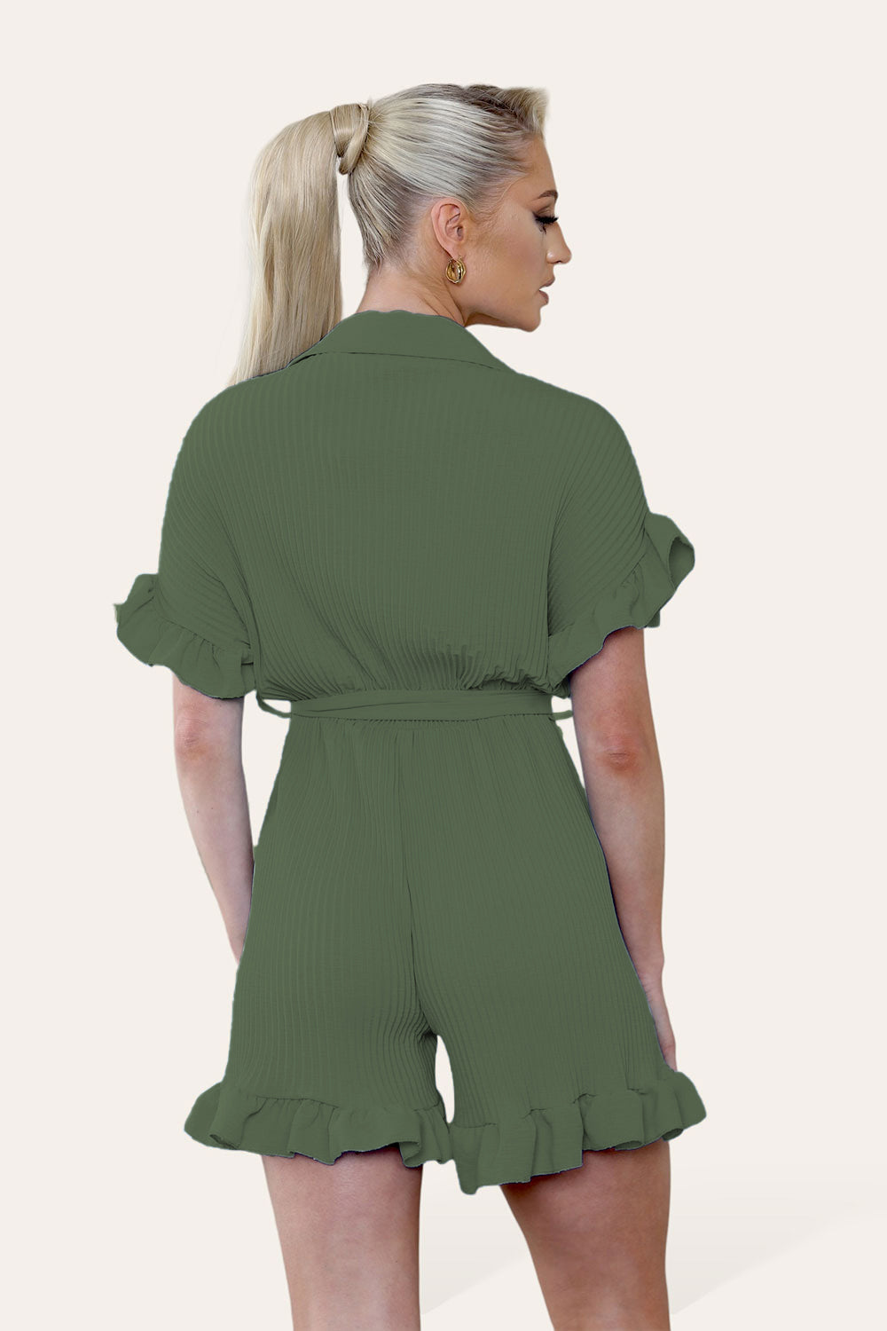 Pleated Ruffle Shirt Short Playsuit With Frill Hems - 9th Degree