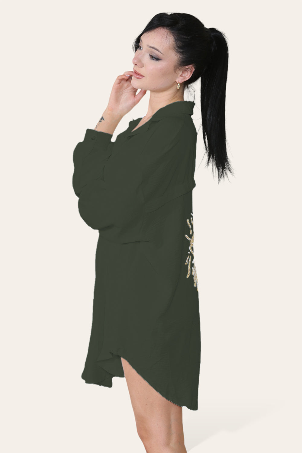 Oversized Long Sleeve Gold Sequin Eye Button Up Shirt - 9th Degree