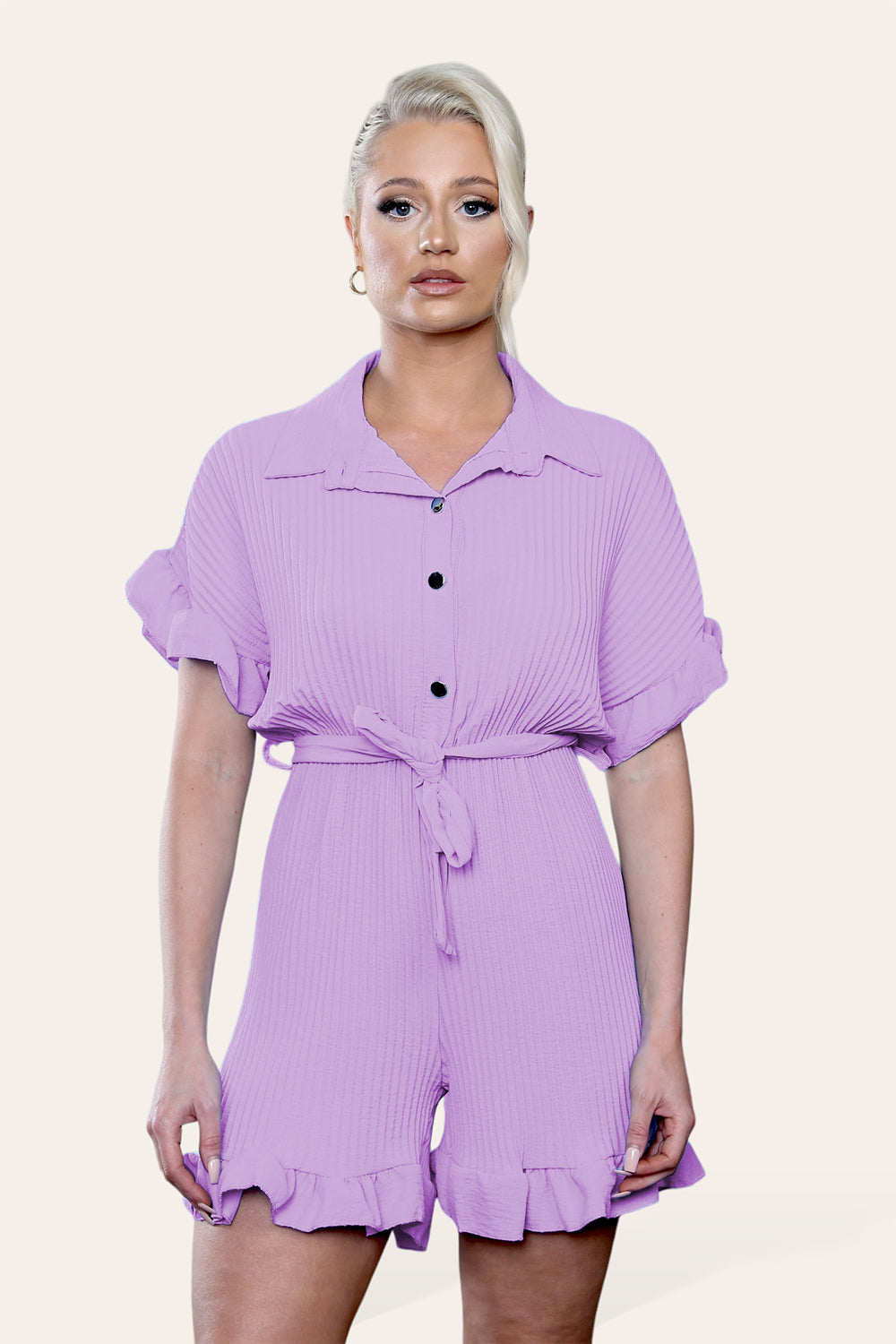 Pleated Ruffle Shirt Short Playsuit With Frill Hems - 9th Degree
