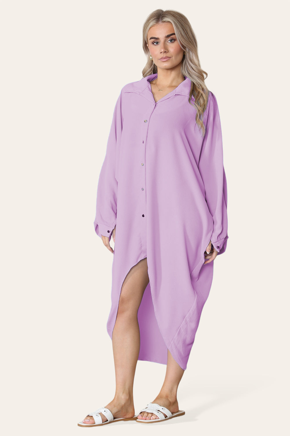 High-Low Oversized Button Long Top Shirt Dress with Hem and Long Sleeves - 9th Degree