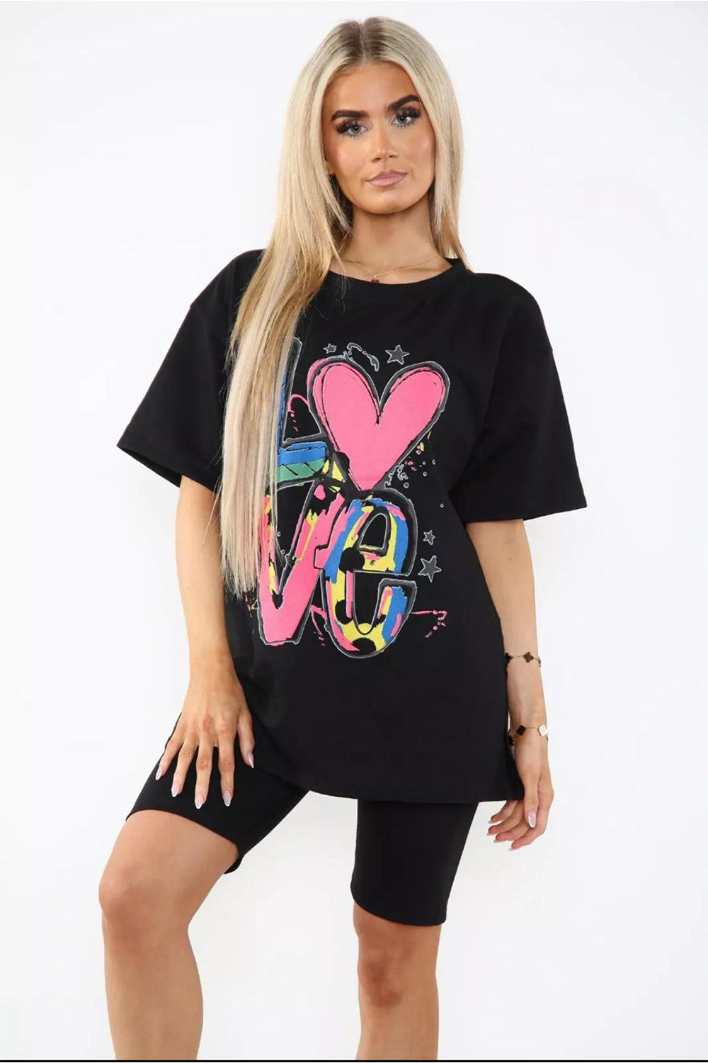 Love Side Slit Cycling Short and T-Shirts Co-Ord Two Piece Set with Front Love Slogan - 9th Degree