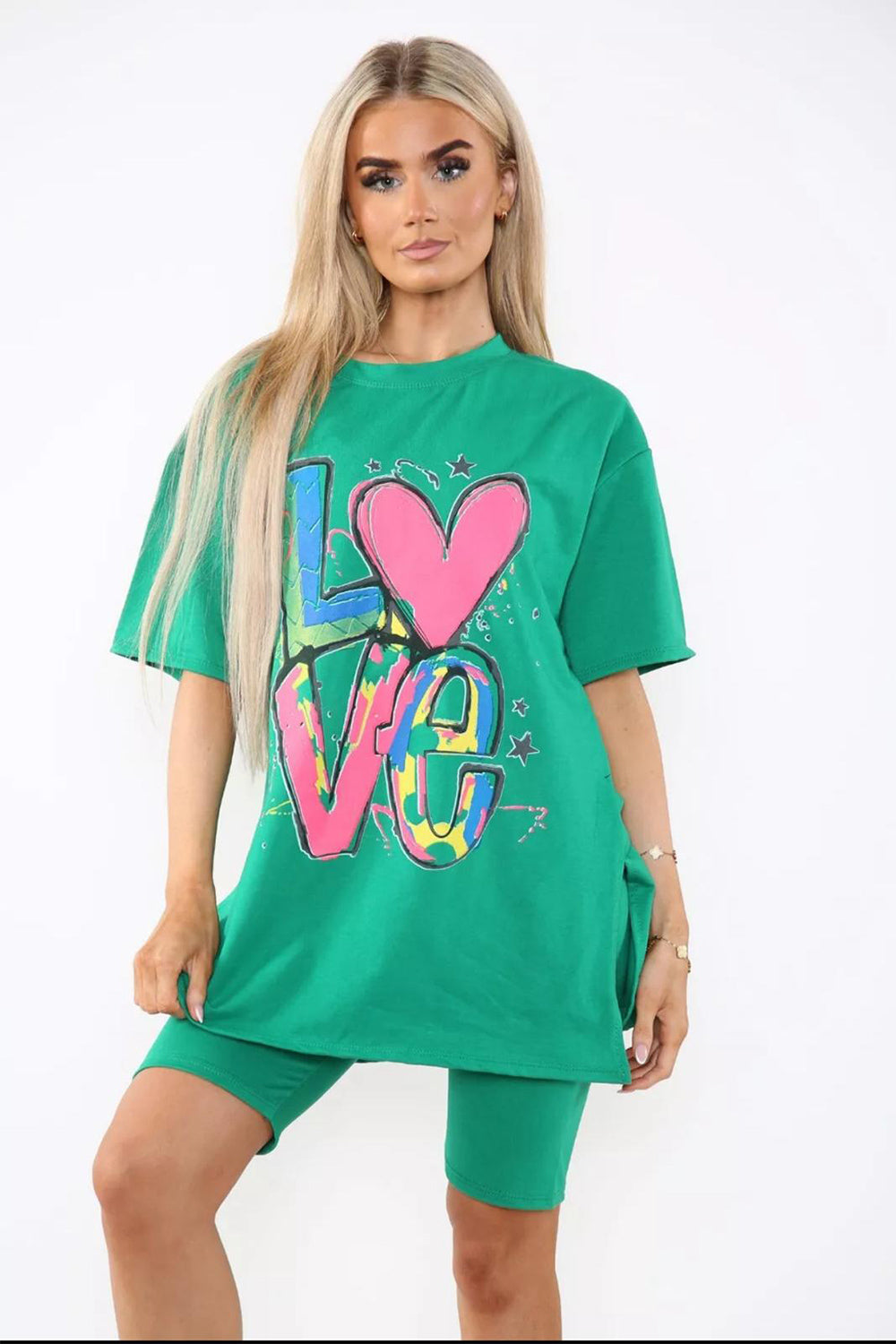 Love Side Slit Cycling Short and T-Shirts Co-Ord Two Piece Set with Front Love Slogan - 9th Degree