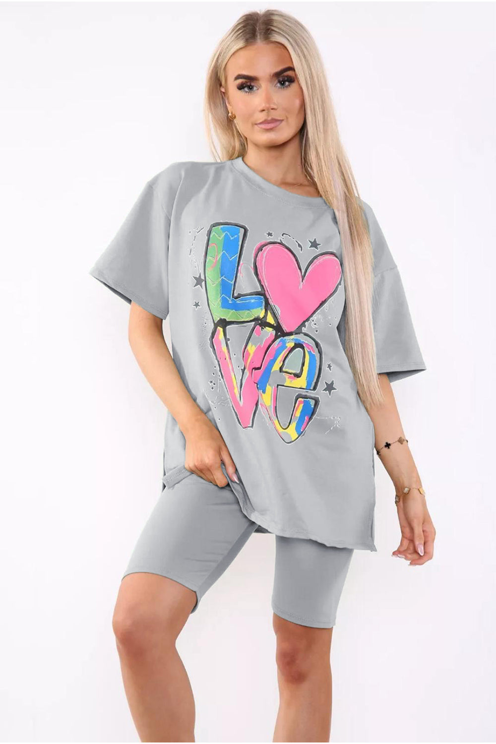 Love Side Slit Cycling Short and T-Shirts Co-Ord Two Piece Set with Front Love Slogan - 9th Degree