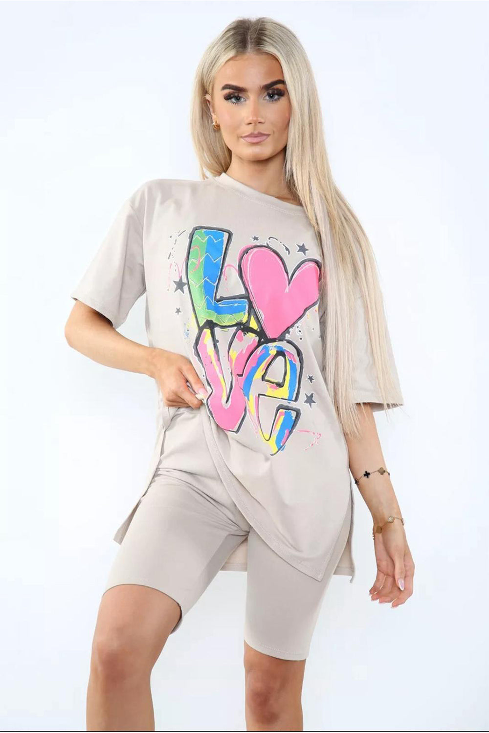 Love Side Slit Cycling Short and T-Shirts Co-Ord Two Piece Set with Front Love Slogan - 9th Degree