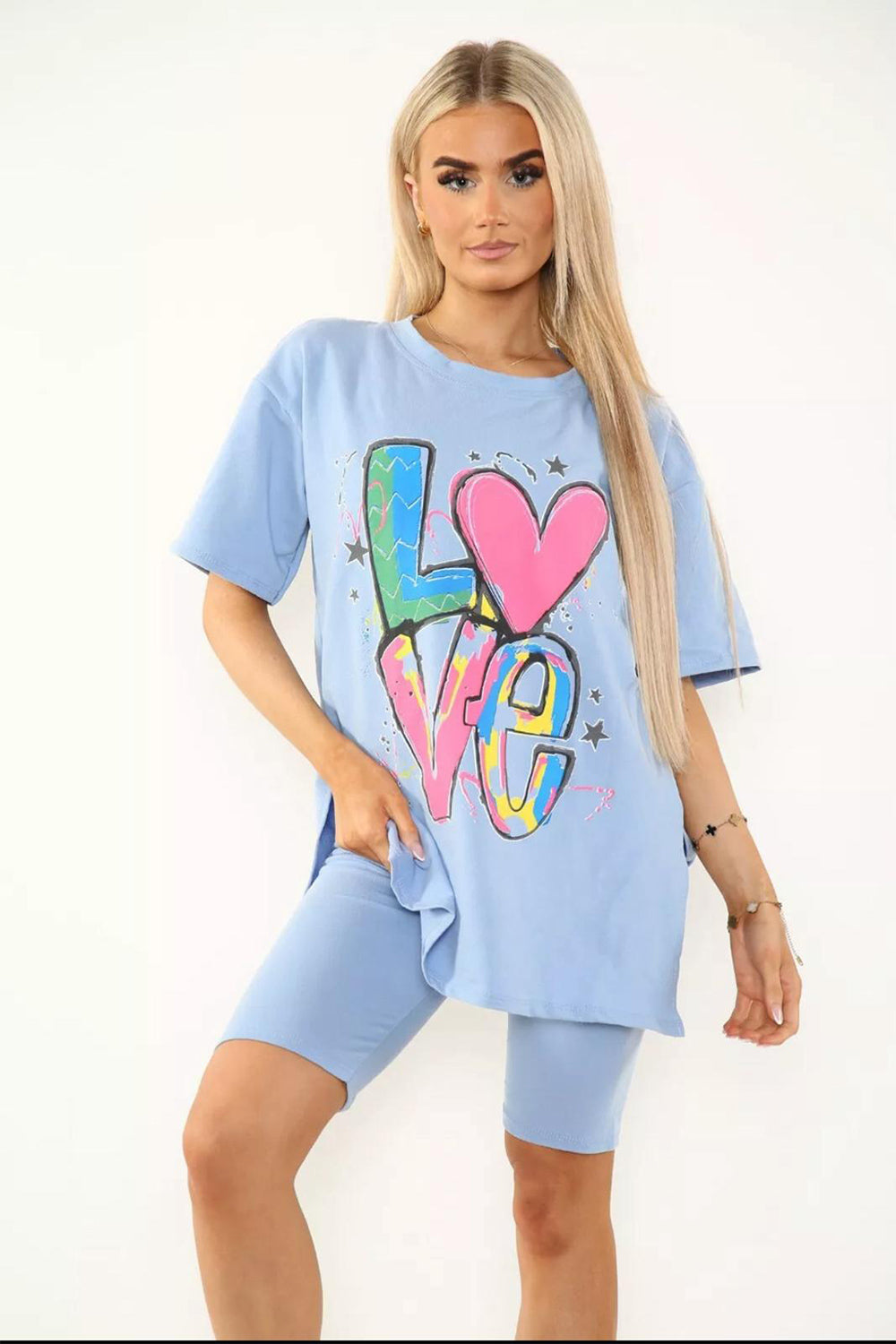 Love Side Slit Cycling Short and T-Shirts Co-Ord Two Piece Set with Front Love Slogan - 9th Degree