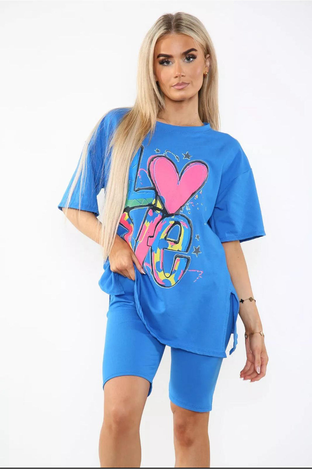 Love Side Slit Cycling Short and T-Shirts Co-Ord Two Piece Set with Front Love Slogan - 9th Degree