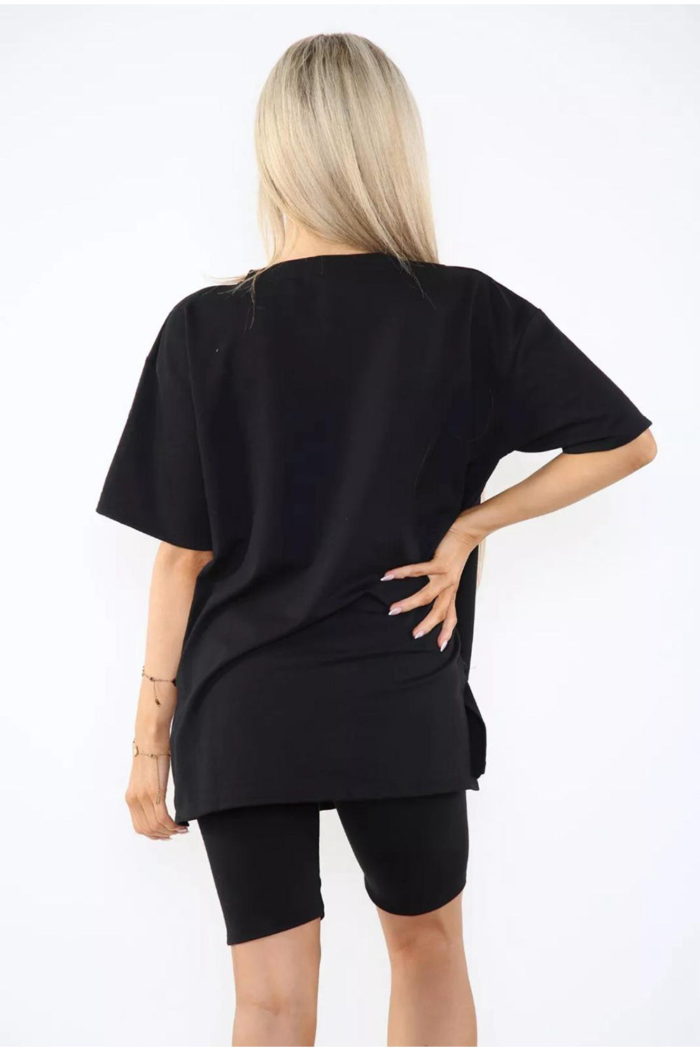 Love Side Slit Cycling Short and T-Shirts Co-Ord Two Piece Set with Front Love Slogan - 9th Degree