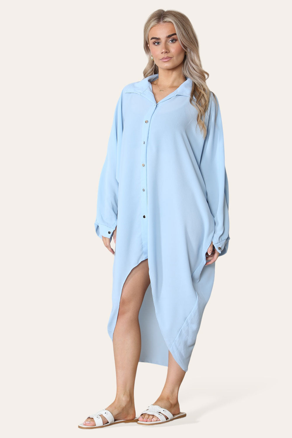 High-Low Oversized Button Long Top Shirt Dress with Hem and Long Sleeves - 9th Degree
