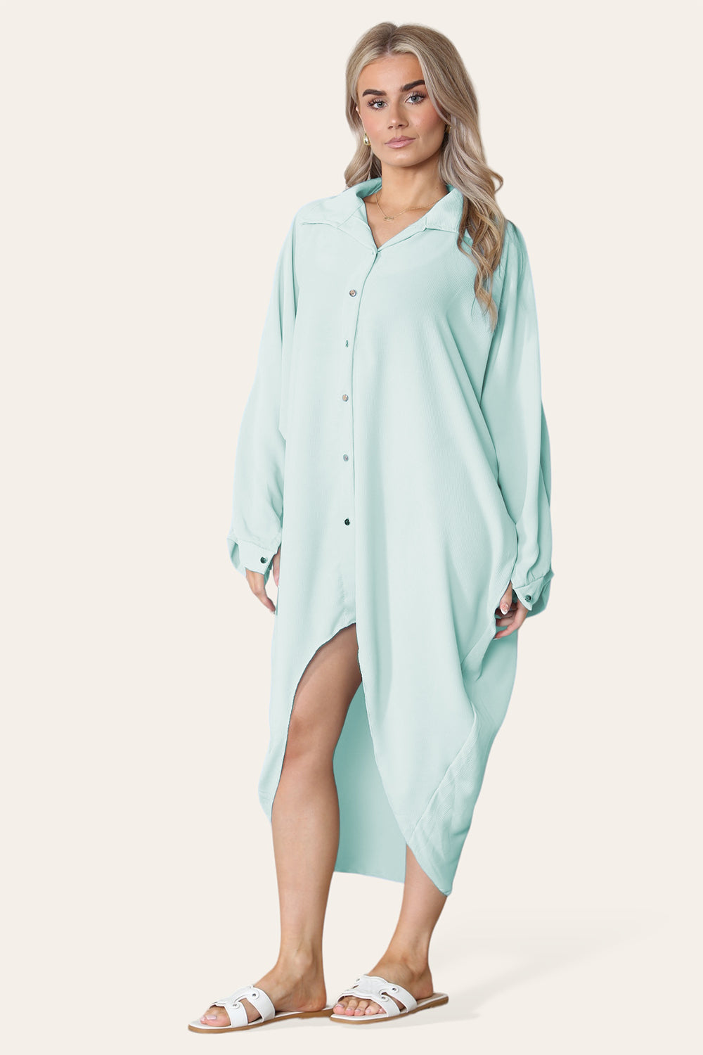 High-Low Oversized Button Long Top Shirt Dress with Hem and Long Sleeves - 9th Degree