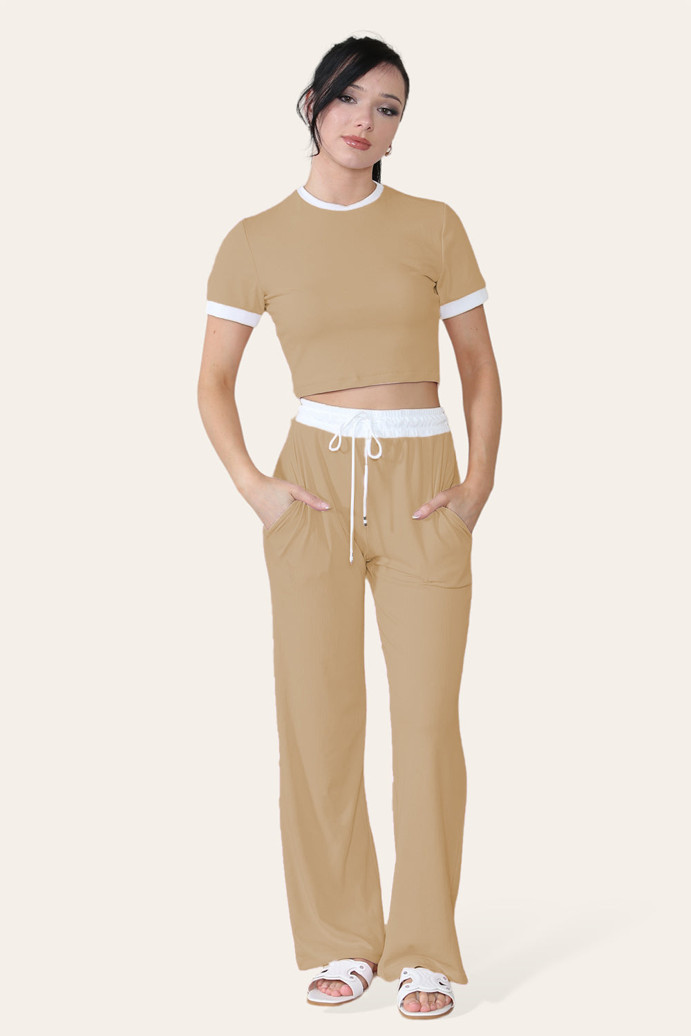 Ribbed Contrast Wide Leg Flared Trousers And Top Loungewear TRS Cropped Set - 9th Degree