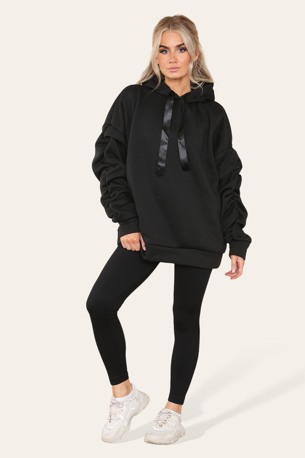 Hoodie With Satin Ribbon with High Waist High Rise Seamless Ribbed Legging Set