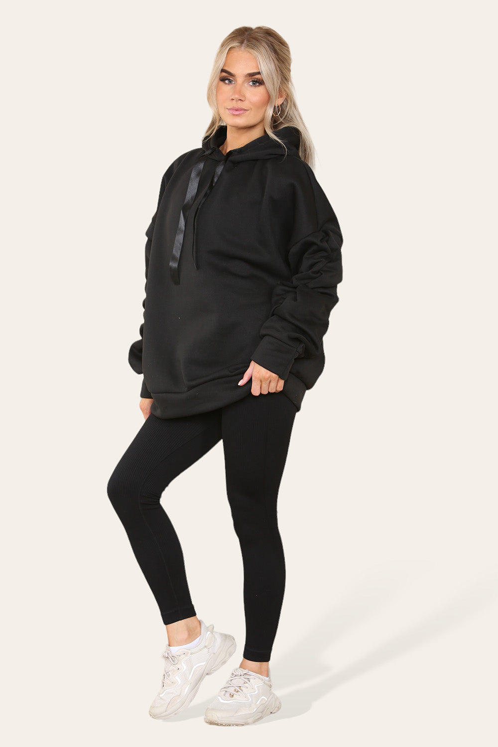 Hoodie With Satin Ribbon with High Waist High Rise Seamless Ribbed Legging Set