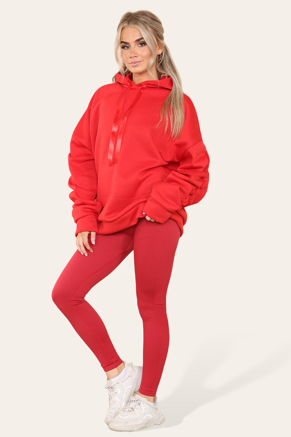 Hoodie With Satin Ribbon with High Waist High Rise Seamless Ribbed Legging Set