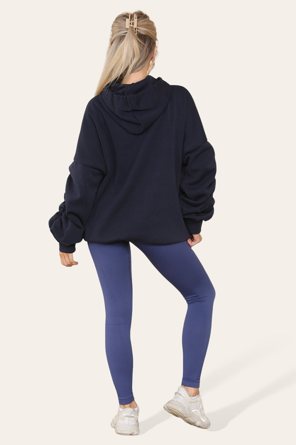 Hoodie With Satin Ribbon with High Waist High Rise Seamless Ribbed Legging Set