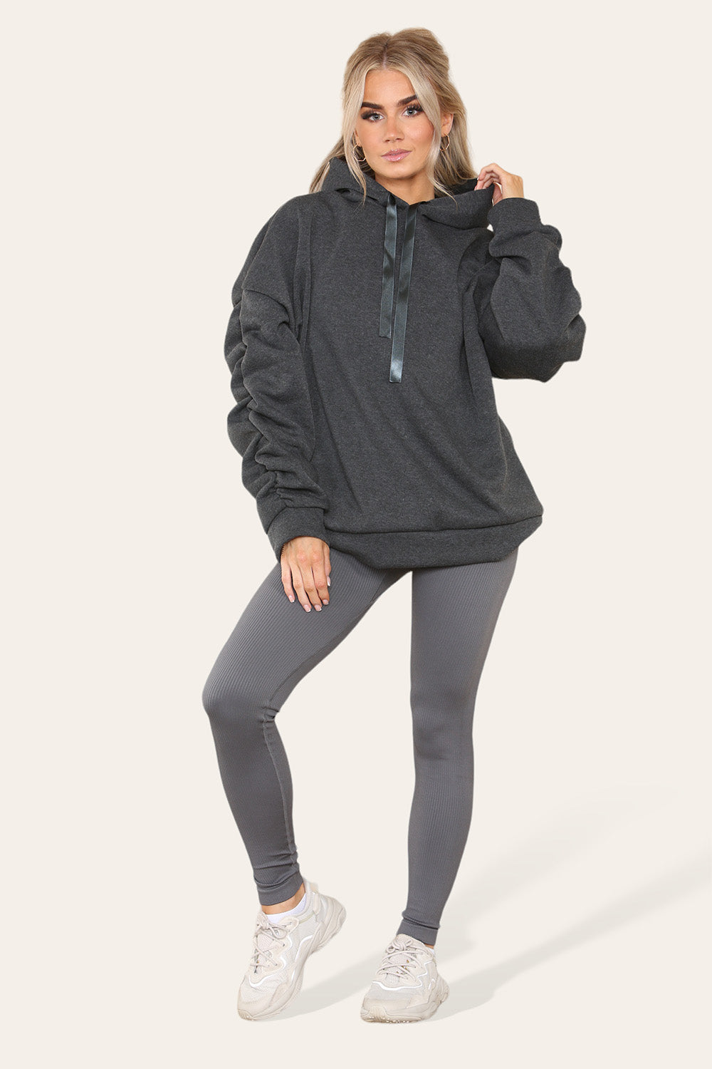 Hoodie With Satin Ribbon with High Waist High Rise Seamless Ribbed Legging Set