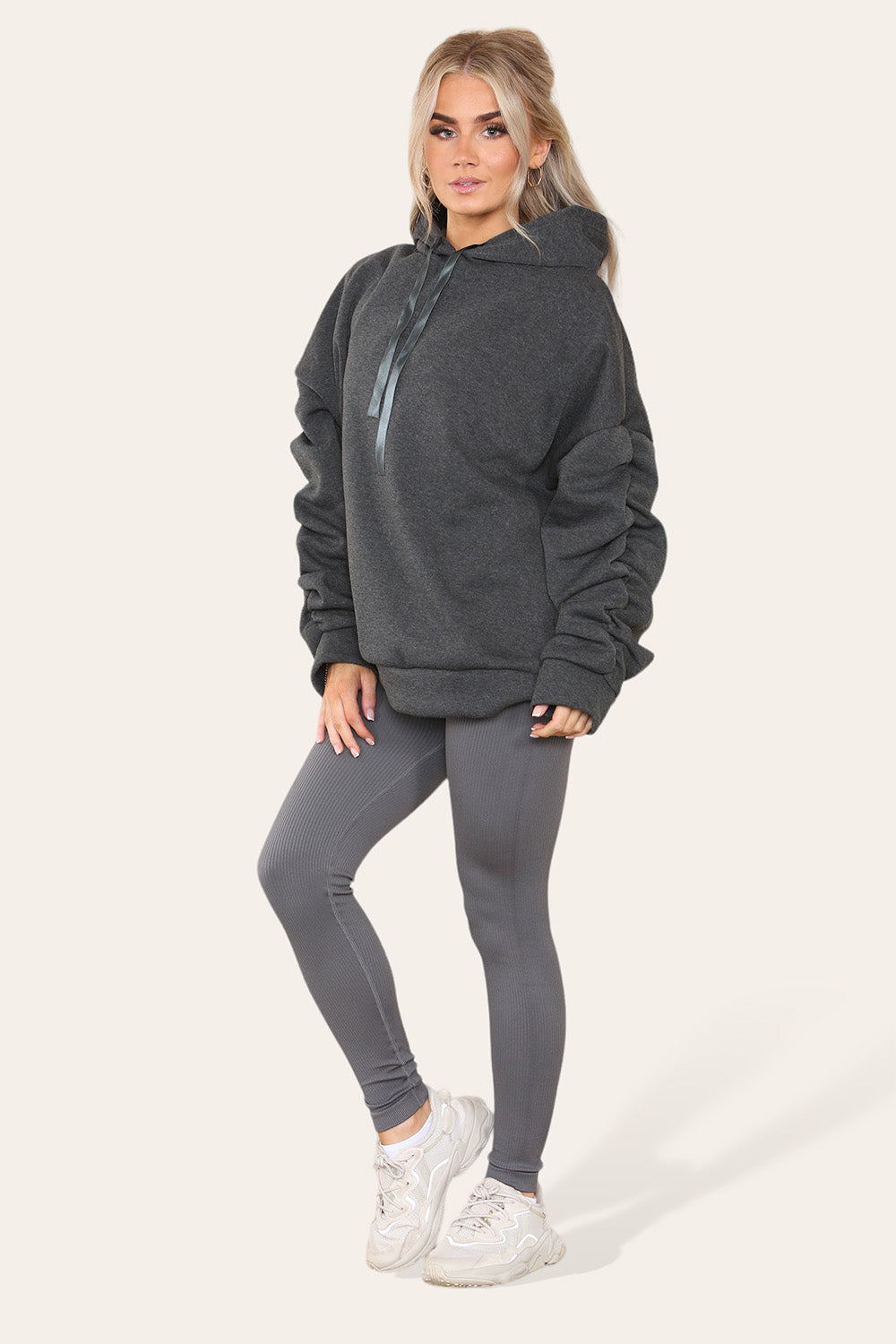 Hoodie With Satin Ribbon with High Waist High Rise Seamless Ribbed Legging Set
