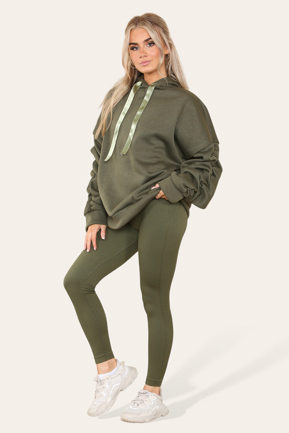 Hoodie With Satin Ribbon with High Waist High Rise Seamless Ribbed Legging Set