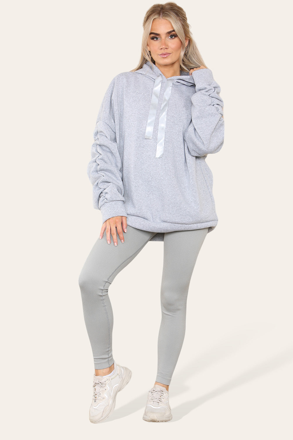 Hoodie With Satin Ribbon with High Waist High Rise Seamless Ribbed Legging Set