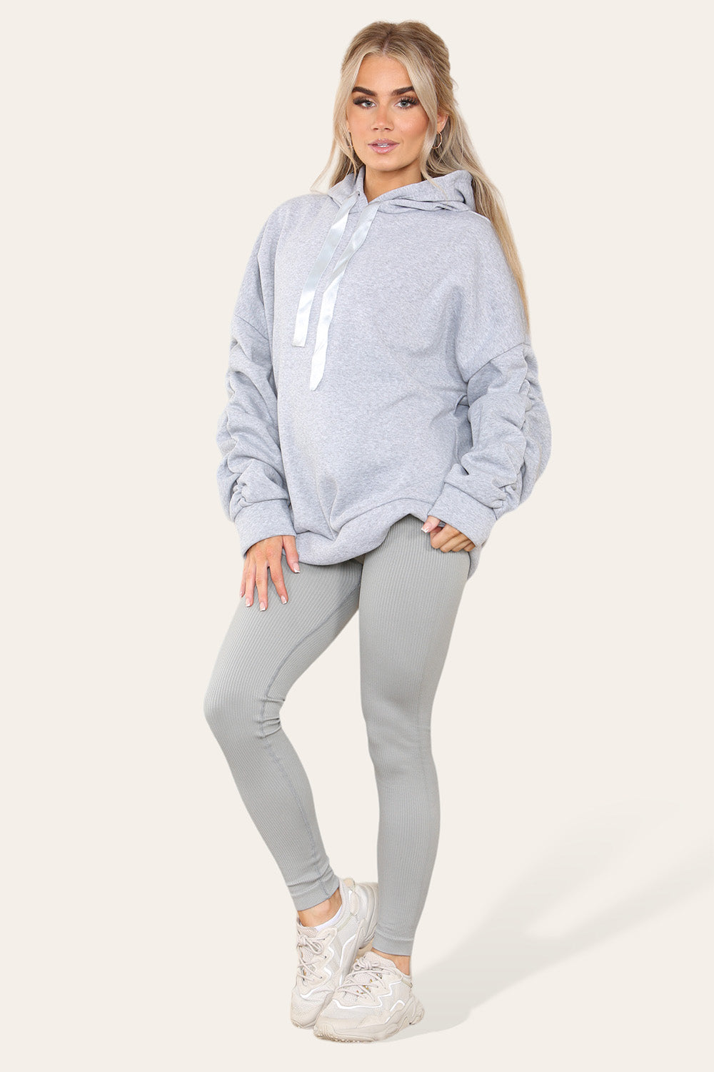 Hoodie With Satin Ribbon with High Waist High Rise Seamless Ribbed Legging Set