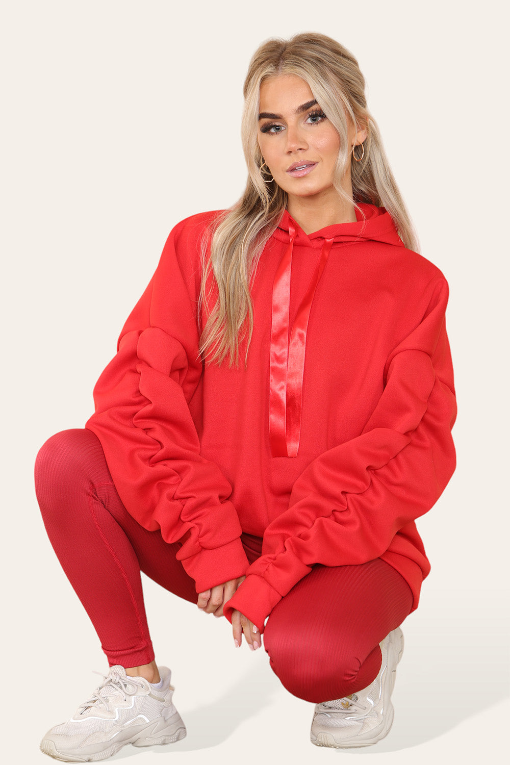 Hoodie With Satin Ribbon with High Waist High Rise Seamless Ribbed Legging Set