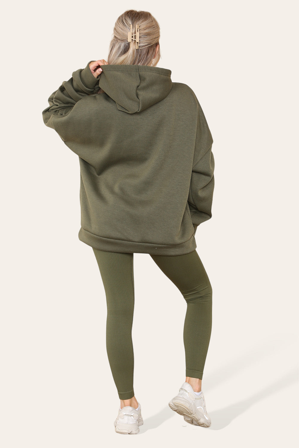 Hoodie With Satin Ribbon with High Waist High Rise Seamless Ribbed Legging Set