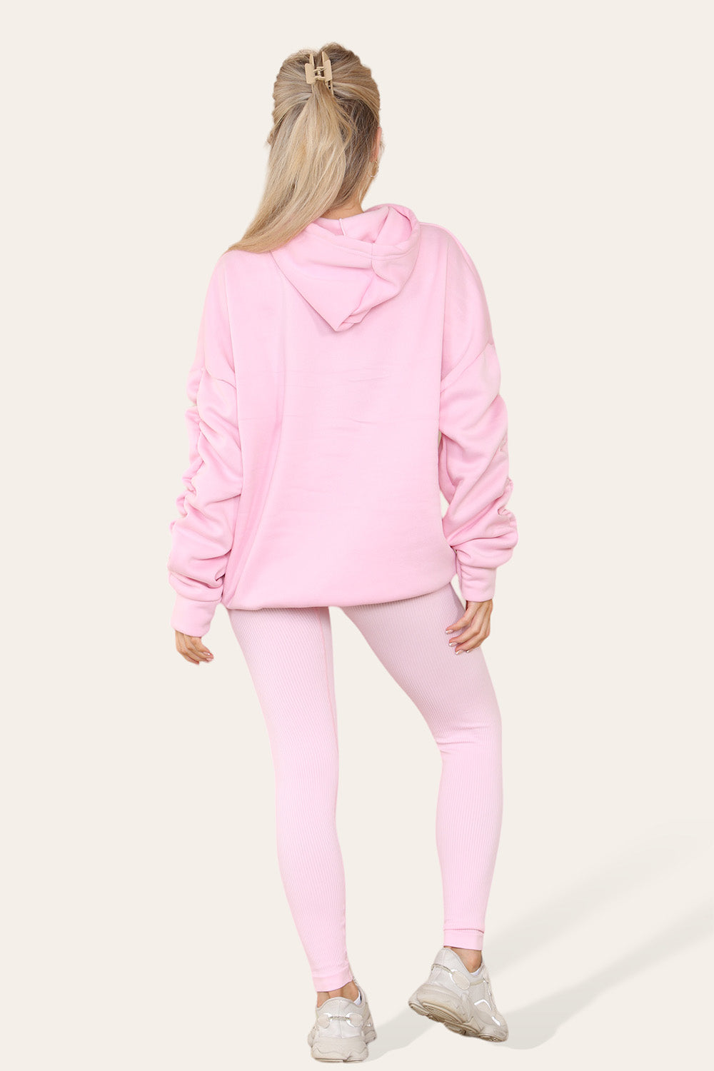 Hoodie With Satin Ribbon with High Waist High Rise Seamless Ribbed Legging Set