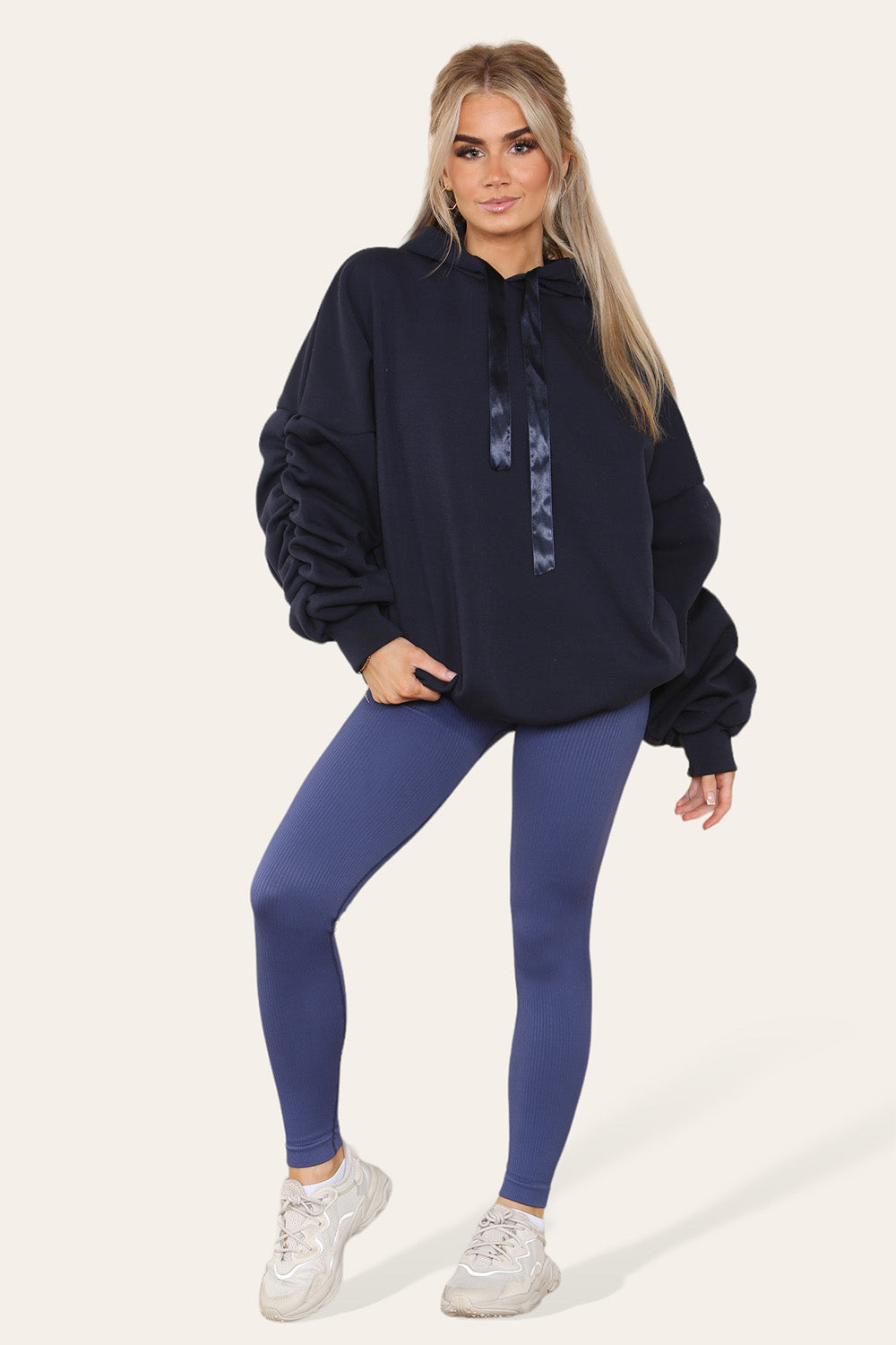 Hoodie With Satin Ribbon with High Waist High Rise Seamless Ribbed Legging Set