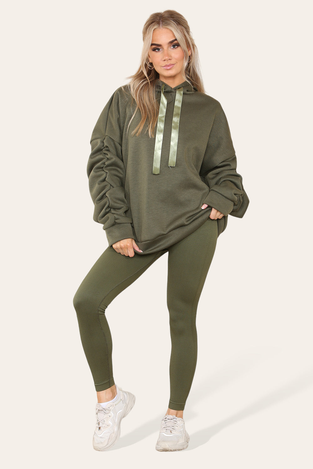 Hoodie With Satin Ribbon with High Waist High Rise Seamless Ribbed Legging Set