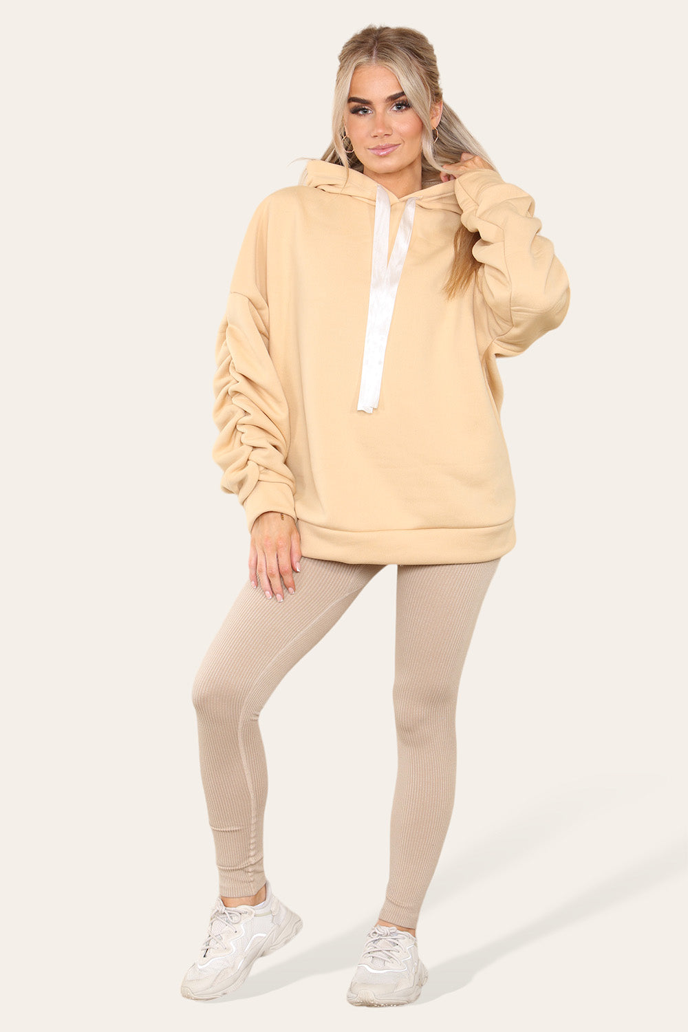Hoodie With Satin Ribbon with High Waist High Rise Seamless Ribbed Legging Set